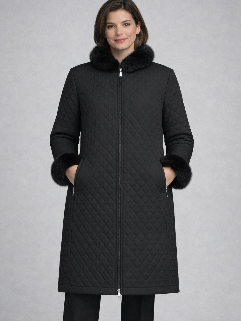 London Fog Quilted Coat XL Black Faux Fur Collar And Cuffs Fall Water Resistant
